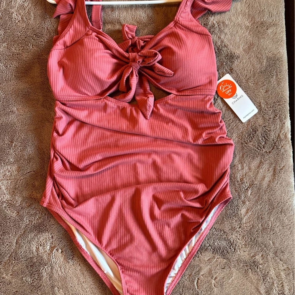 Charmo Womens Maternity One Piece Swimsuit Ribbed Tie Front Ruffle Pink UPF 50+ - Picture 2 of 3
